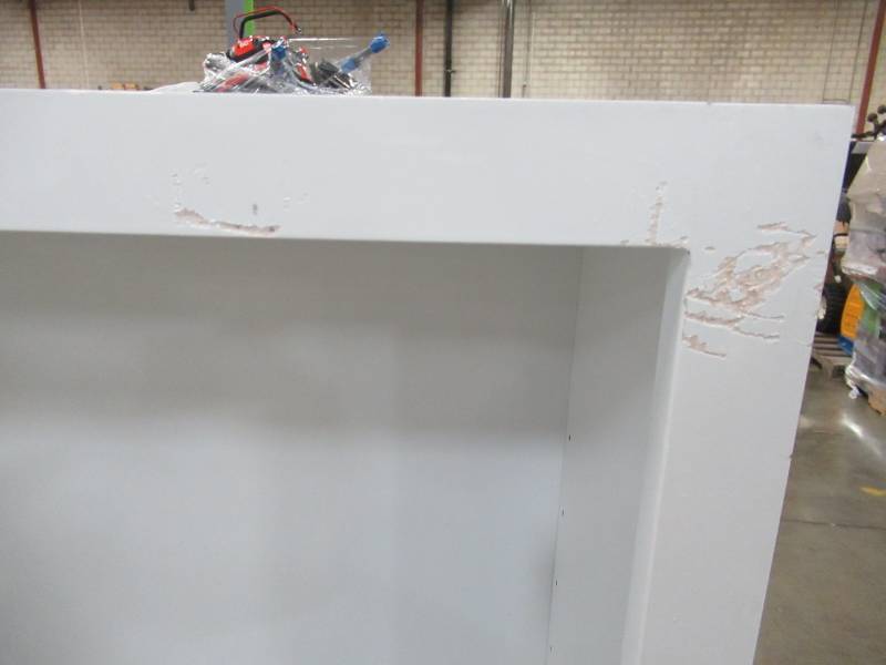 lot 53 image: Skinny Bookshelf In White. 1 Fixed shelf, Missing Adjustable Shelves - Some Scratches.