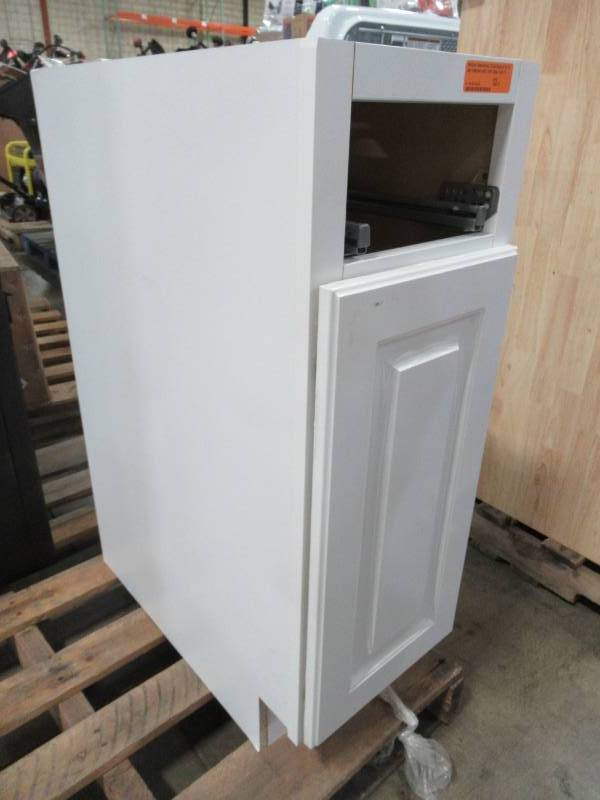 lot 56 image: Hampton Bay Benton Assembled 12 x 24 12 x 34 12 Tall Base Cabinet in White - Missing Drawer.
