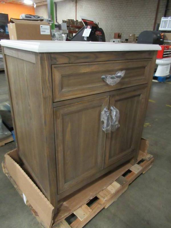 lot 129 image: Home Decorators Collection Walden 31 in. W Vanity in Driftwood Grey with Engineered Stone Vanity Top in Crystal White with White Sink - Chip On RH Back Corner of Top