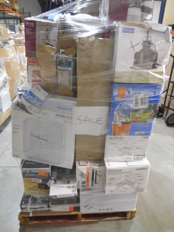 lot 7 image: WHOLESALE PALLET LOT OF GENERAL MERCHANDISE, LIGHTS, FANS, WATER FILTER, MICROWAVE, PUMPS