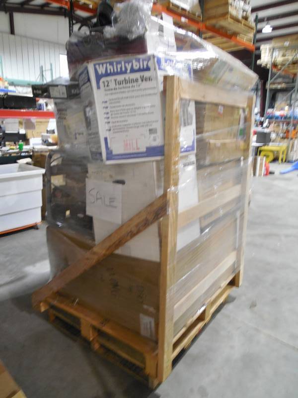 lot 19 image: WHOLESALE PALLET LOT OF GENERAL MERCHANDISE, VENTS, FANS, TOOLS, VANITY, MICROWAVE, FAUCETS