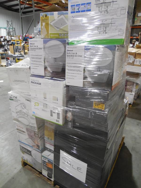 lot 21 image: WHOLESALE PALLET LOT OF GENERAL MERCHANDISE, TOOL BOX, FANS, LIGHTS, FAUCETS, TILE SAW
