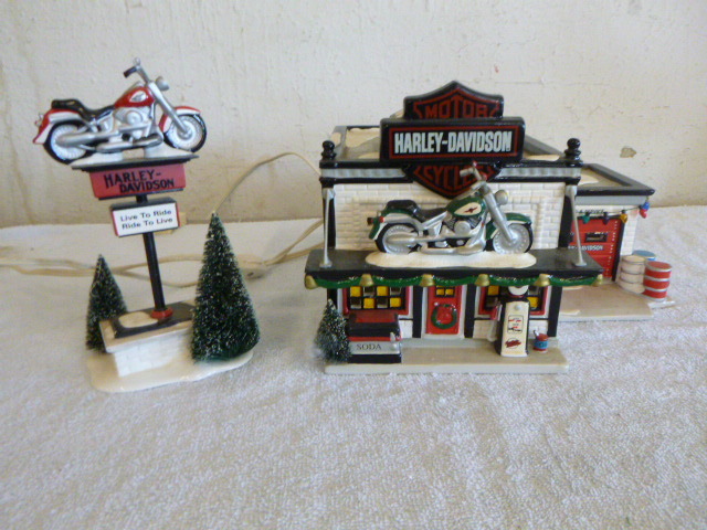 lot 27 image: Harley Davidson Christmas Village Shop with Sign