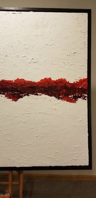 lot 3 image: Oil Painting of Dark Red Fall Tree Line Reflected