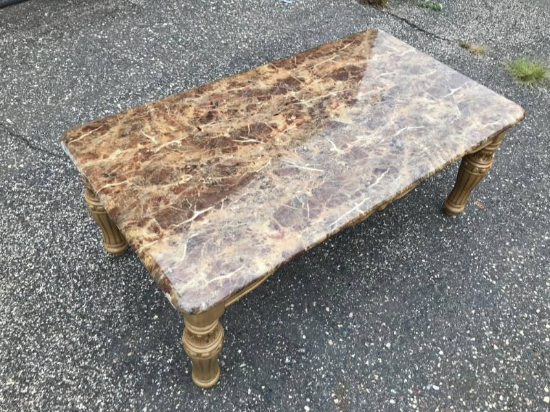 lot 3 image: Faux Marble Style Coffee Table, Used, Shows Wear, Has Some Burn Marks On It