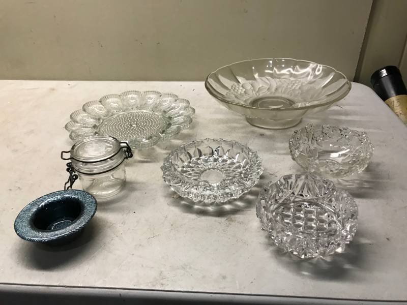 lot 38 image: Lot Of Glass Item, Serving Trays, Devil Egg, Crystal Ashtrays
