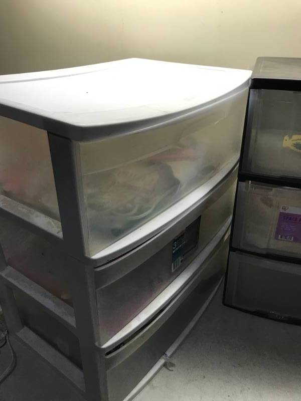lot 10 image: Lot Of Four Plastic Storage Drawers, Some With Craft Items Inside, Used, Show Wear