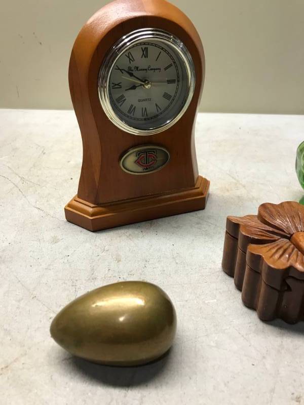 lot 64 image: Lot Of Small Collectibles, Brass Egg, Glass Alien Head, Glass Peacock, Wedgwood Ashtray