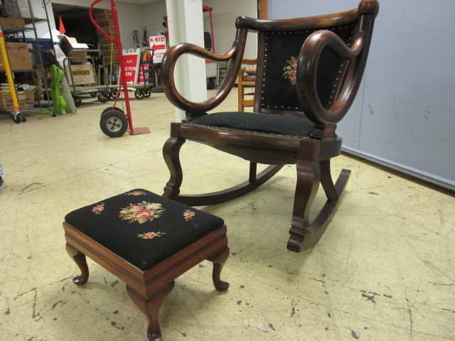 lot 114 image: ANTIQUE HANDMADE WOOD AND NEEDLE POINT ROCKER WITH FOOTSTOOL