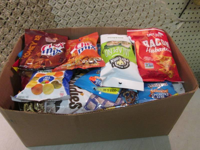 lot 216 image: Box Full of Assorted Chips and Snac...