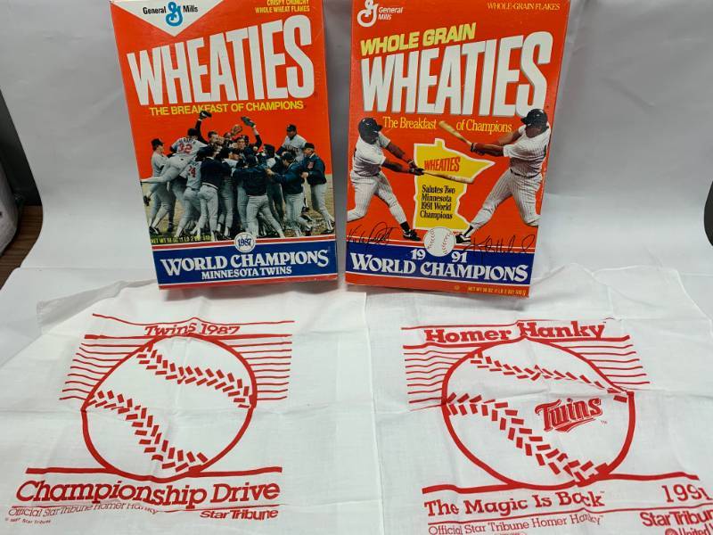 lot 19 image: MN Twins 1987 & 1991 Wheaties Boxes  Homer Hankies