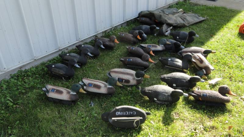 lot 40 image: Large Lot Of Duck Decoys With Strings, Weights, & Bag