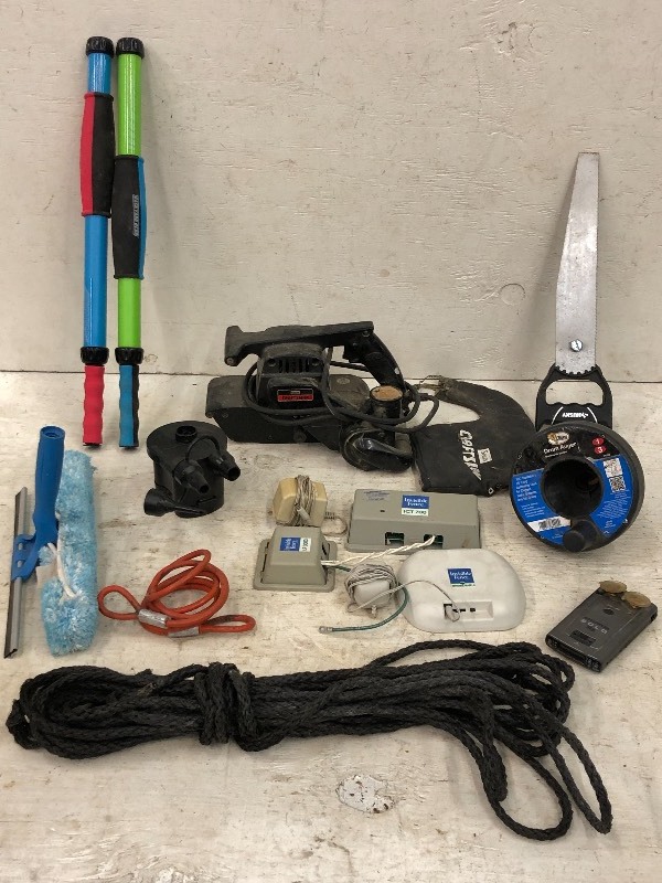 lot 91 image: Drain Snake, Belt Sander, Lock Cable,  Etc