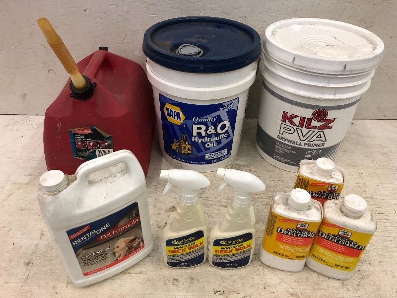 lot 112 image: Gas Can. Hydraulic Oil, Drywall Primer, Sander DeGlosser, Etc