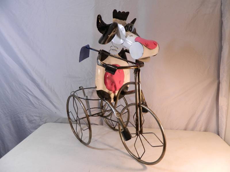 lot 40 image: New Super Cute Handmade Recycled Metal Cow on Bike Planter Garden Art