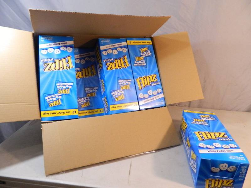 lot 117 image: New Case of Flipz White Fudge Mini Pretzels