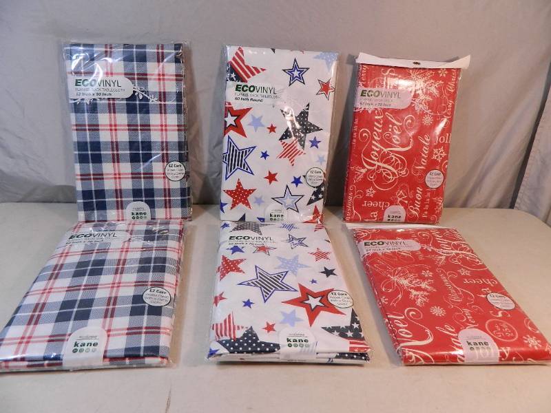 lot 120 image: 6 New Reusable Flannel Back Tablecloths