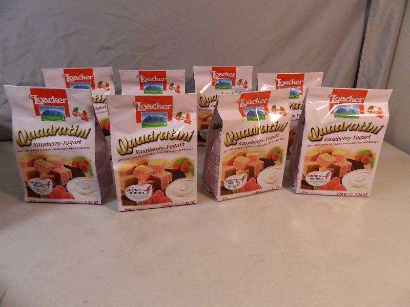 lot 130 image: New Case of Loacker Quadratini Raspberry Yogurt Bite Size Wafer Cookies