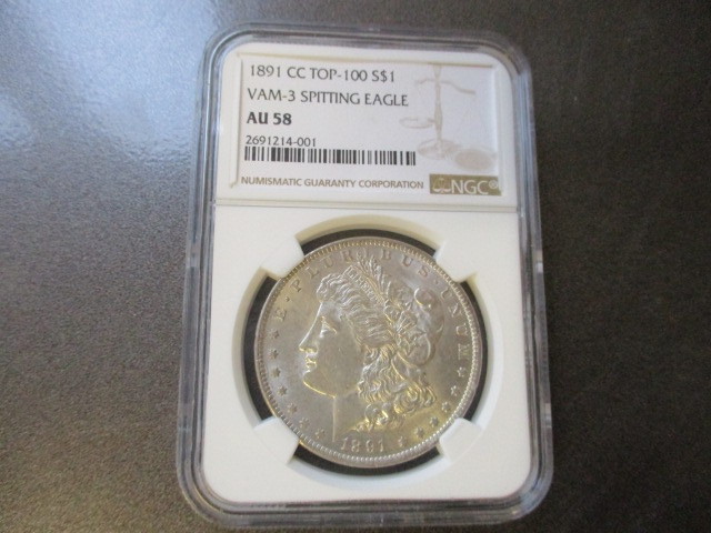 NGC Certified AU58 1891-CC (Carson City Mint) VAM-3 Spitting Eagle Morgan Silver Dollar.