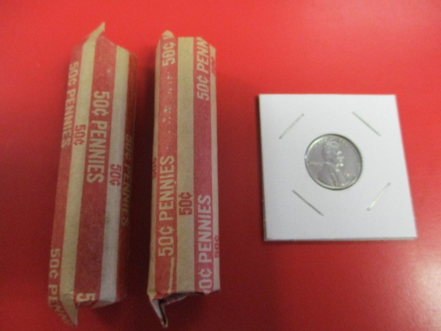 Two Rolls of 1940-P Lincoln Wheatback Pennies and a 1943 P Emergency Issue Steel Penny.
