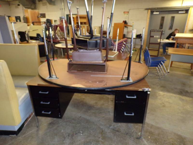 lot 24 image: Metal desk, Half moon table, 3 small desks