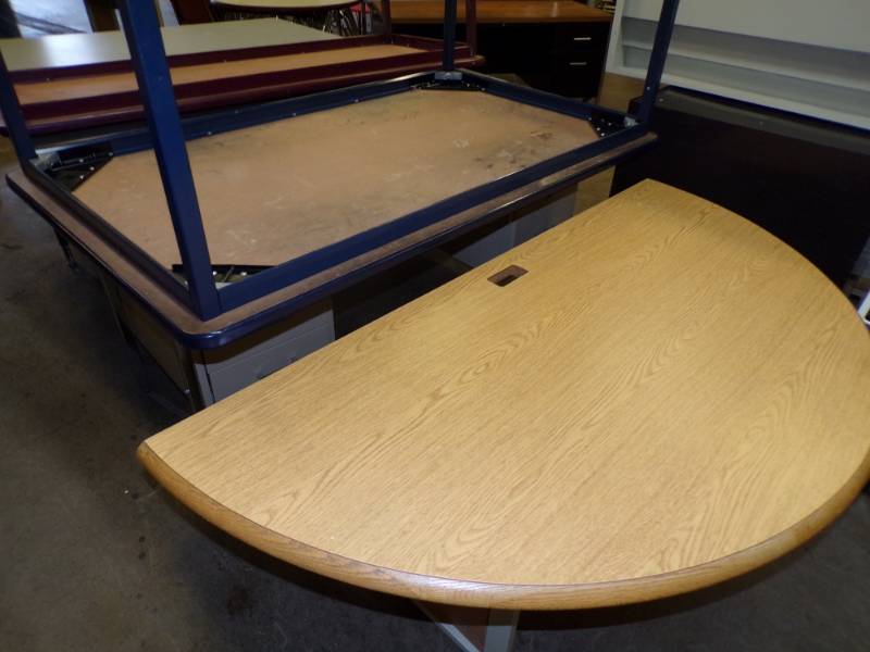 lot 41 image: Wood top Half Moon table, Blue trim table, Maroon trim table
