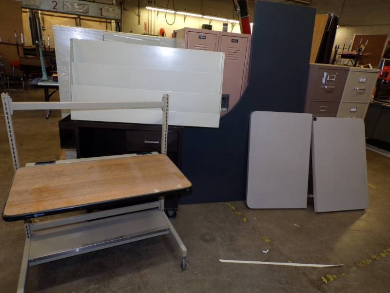 lot 55 image: Misc lot of 3 counter tops - metal cabinet on wheels - rolling shelf