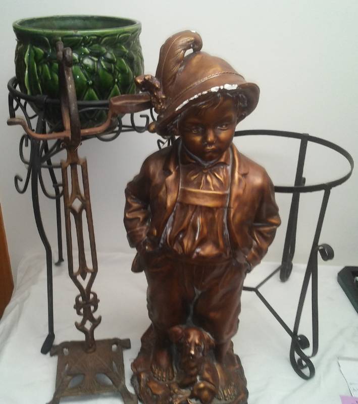 lot 83 image: Ceramic statue and metal stands.