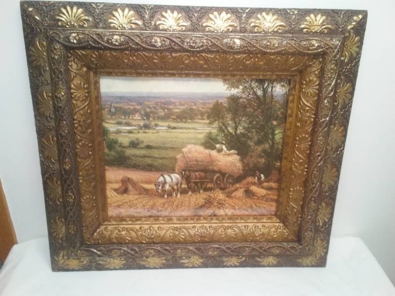lot 87 image: Hillside harvest in ornate frame.