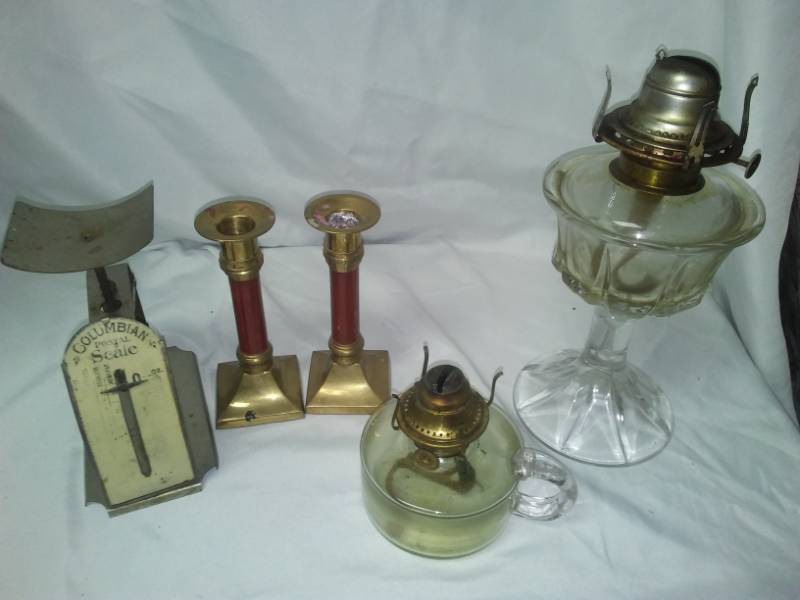 lot 394 image: Antique, postal scale, oil lamps and more.