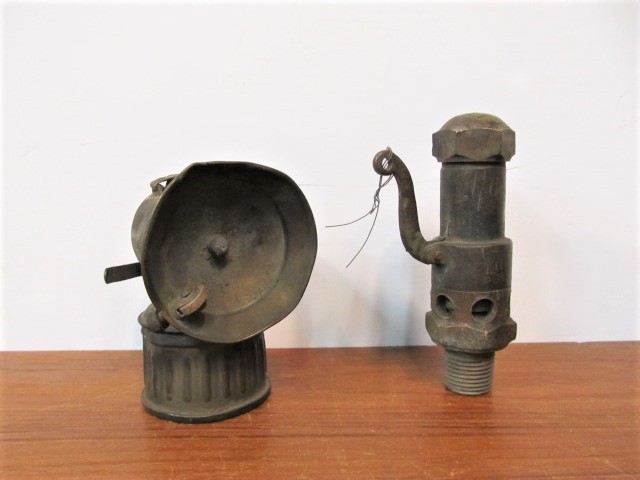 lot 55 image: Antique Miners Head Lamp & Steam Whistle