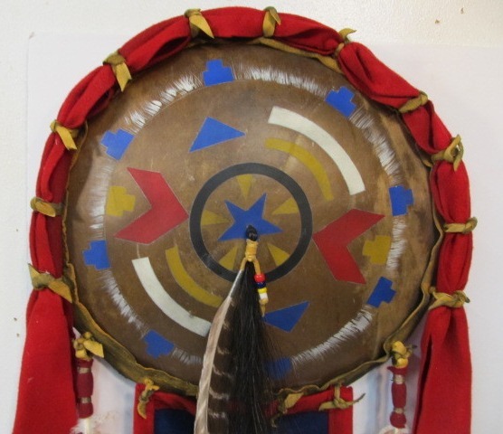 lot 65 image: Large Vintage Native American Hand Made & Painted Animal Hide Ceremonial Shield