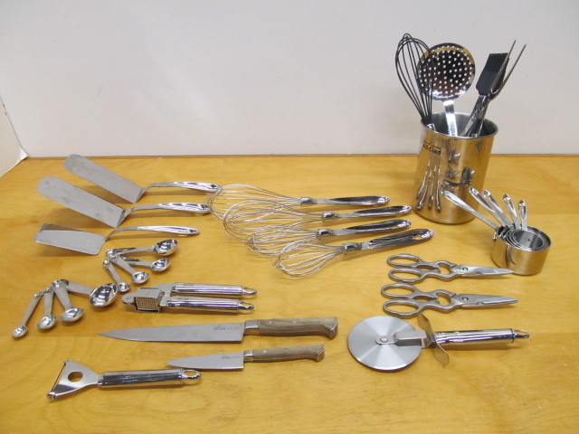 lot 18 image: Lot of Quality ALL-CLAD Stainless Steel Utensils Knives & Cooking Accessories