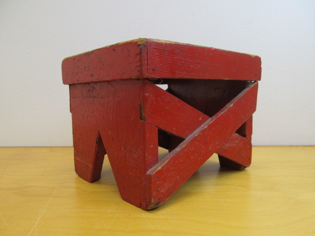 lot 28 image: Primitive Antique Red Painted Wood Milking Bench or Stool