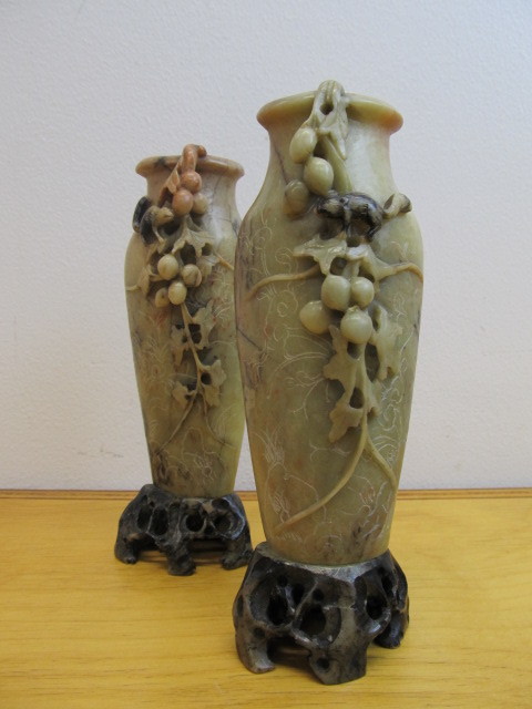 lot 40 image: Antique Hand Carved Oriental Soapstone Vases wLemurs
