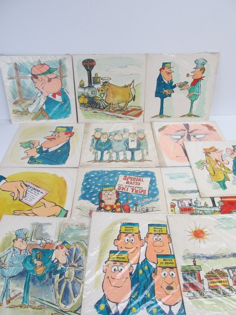 lot 44 image: Large Lot of Vintage Original Illustration Comical Cartoon Railroad Paintings