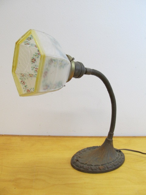 lot 157 image: Antique Gooseneck Desk Lamp wReverse Painted Glass Shade