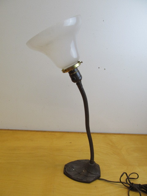 lot 158 image: Antique FAIRIES Gooseneck Table Lamp wGlass Shade