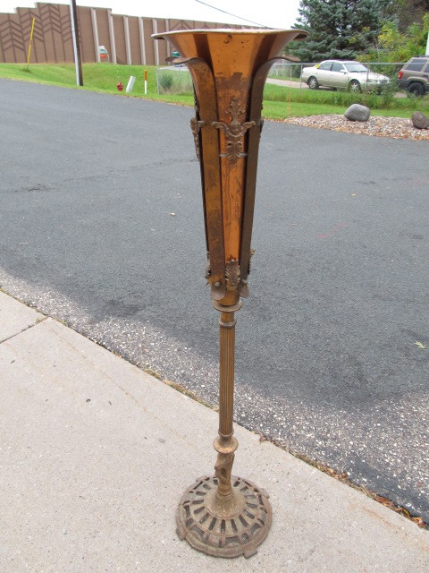 lot 162 image: Antique Signed Cast Iron Floor Stand wFluted Copper Vase