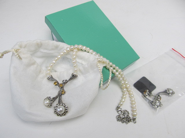 lot 108 image: Signed Carolyn Pollack Sterling Silver wCitrine & Genuine Pearl Necklace & Earring Set