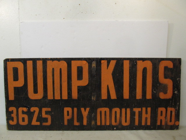 lot 87 image: Large Original 1950s Halloween PUMPKINS For Sale Painted Wood Sign