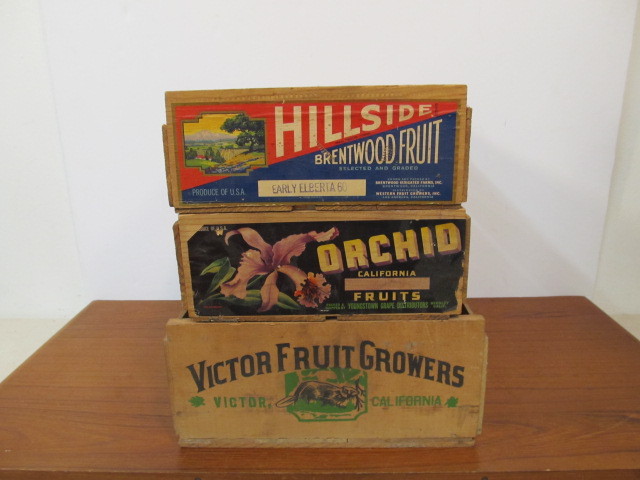 lot 94 image: 3 Vintage Primitive Wooden Fruit Crates