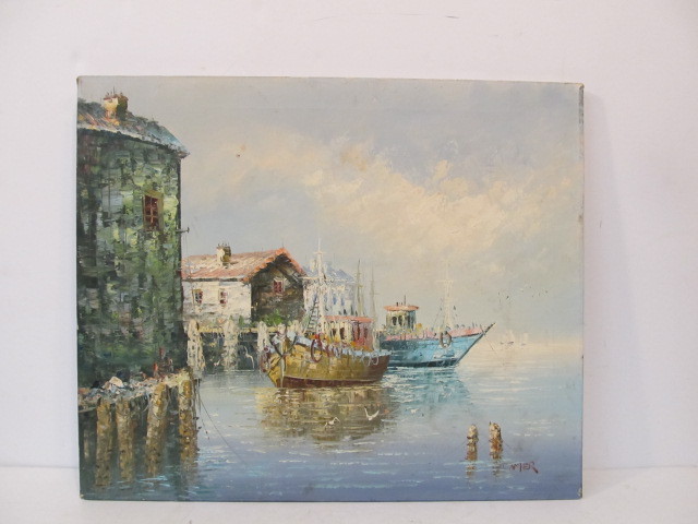 lot 99 image: Signed Vintage 1960s Oil on Canvas Harbor Scene