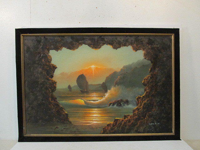lot 100 image: Large Vintage Signed Oil on Canvas Ocean Shore Scene Painting