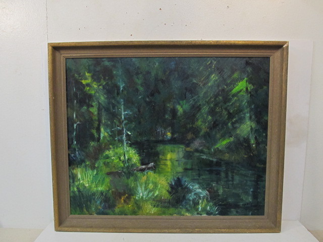 lot 104 image: Vintage 1960 R. Miller RANDY Signed Oil on Canvas Forest Landscape Painting