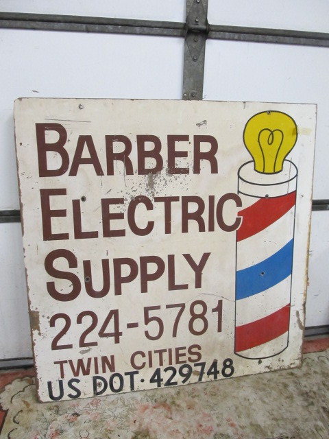lot 202 image: Large Vintage Painted Wood BARBER Electrical Supply Advertising Sign