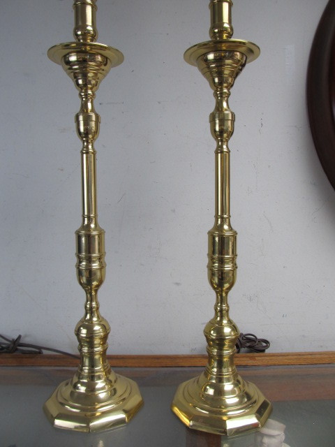 lot 226 image: Pair of Large Brass Candlestick Table Lamps