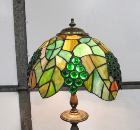 lot 3 image: Antique Cast Iron Floor Lamp wStained Glass Grape Cluster Shade