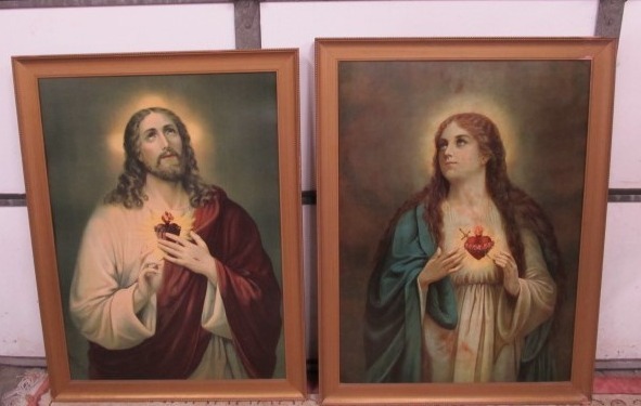 lot 210 image: Pair of LARGE Vintage Mary & Jesus Framed Church Artworks