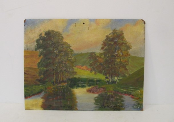 lot 216 image: 1948 Signed Scandinavian Oil on Board Landscape Painting